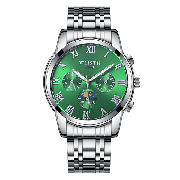 silver watch green face