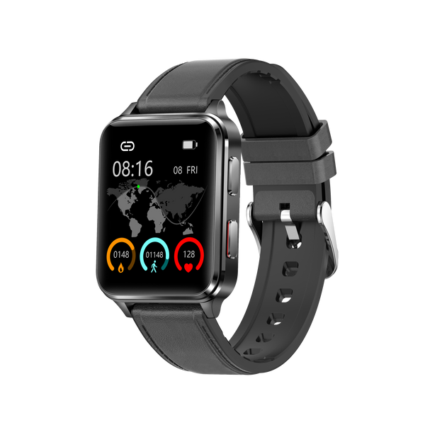 BP Doctor Med6 Poręczny smartwatch do pomiaru ciśnienia krwi z czarnymi skórzanymi paskami